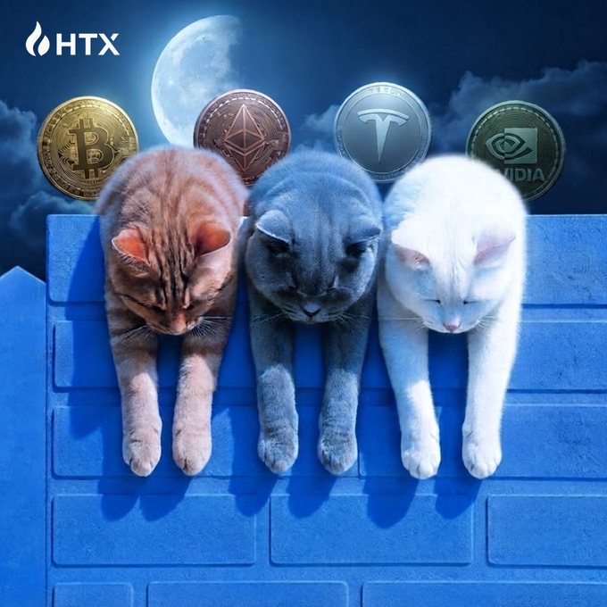Three kittens dangle lazily from a blue brick wall beneath a moonlit night sky, their relaxed poses perfectly matching the "lazy weekend vibes" of the post, while cryptocurrency coins for Bitcoin, Ethereum, Solana, and what appears to be a Shiba Inu token float above them alongside the HTX exchange logo.