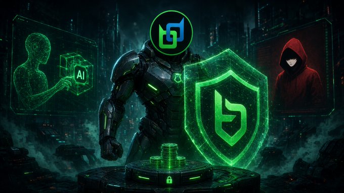 The image shows a futuristic armored figure holding a glowing green shield with a "b" logo, flanked by a holographic "AI" cube and a hooded red-cloaked figure, set against a dark cyberpunk cityscape. The accompanying post appears to be cut off, but seems to promote a blockchain bridge (referencing "BDX" and cross-chain transactions) along with "BelNet," a privacy-focused browsing tool—thematically aligning with the image's visual metaphors of security shields, digital defense, and protection from prying eyes.