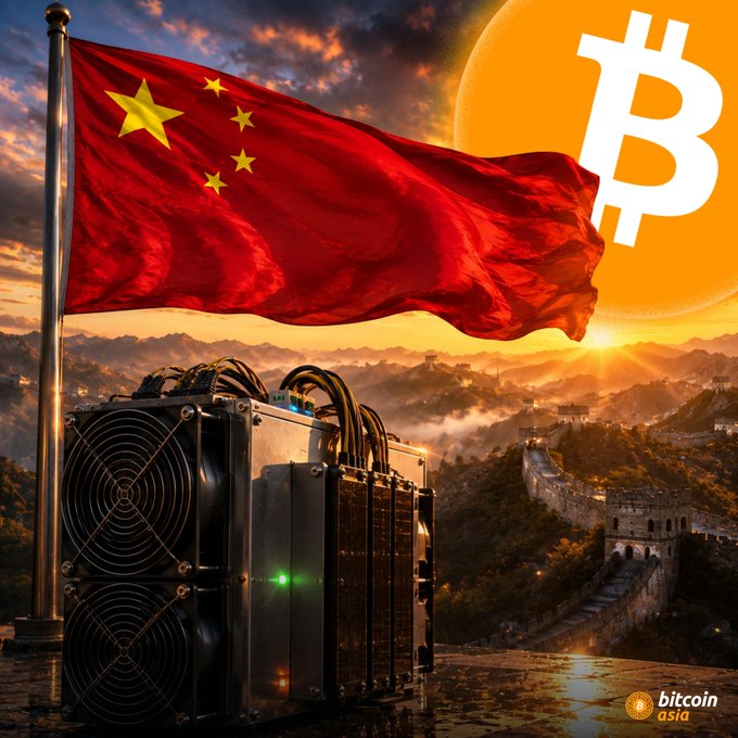 A Chinese flag waves above a Bitcoin mining rig, with the Great Wall of China and a Bitcoin symbol in the background, branded 'bitcoin asia'.