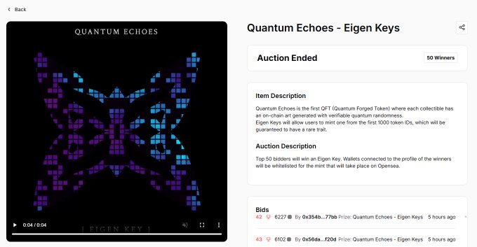 The image shows the results page for the "Quantum Echoes - Eigen Keys" auction on Quip Network, which has ended with 50 winners. The visible bids show top bidders including "0x354b...77fb" and "0x5dda...f20d" placing 0.6227 ETH and 0.6102 ETH respectively, aligning with the post's note that top bids reached around 16k (likely USD value) while the cutoff for the top 50 winners landed near 6k.