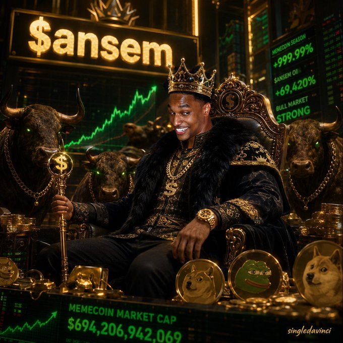 The image depicts a man wearing a crown and gold chain, seated on a throne surrounded by gold coins, bull statues, and doge/pepe coins, with a "$ansem" sign and financial displays showing "MEMECOIN MARKET CAP $694,206,942,069" and stats like "+999.99%" in the "BULL MARKET." The caption perfectly captures the post's portrayal of Ansem as the triumphant "king" of the Solana memecoin trenches—a regal, larger-than-life figure who rose from market chaos to meme-lord status.