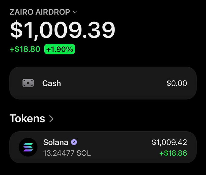 A crypto wallet screenshot displays a ZAIRO AIRDROP account holding $1,009.39 in total value, with 13.24477 SOL (Solana) tokens worth $1,009.42 shown as up $18.86 (+1.90%). The image appears to showcase proof of an airdrop distribution from @0xZairo, supporting the post's claim of sending airdrops to followers.