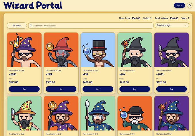 The image shows the Wizard Portal interface displaying "The Wizards of Ord" NFT collection by @lifofifo, with various wizard characters listed at prices ranging from $418 to $625 and a floor price of $549, supporting the post's announcement that users can now trade this collection using Apple Pay, credit cards, or USDC.