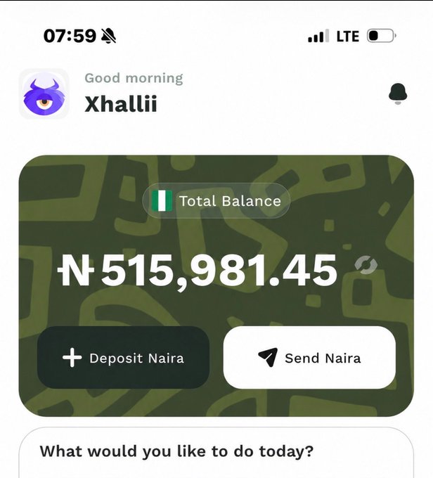 A mobile banking app screenshot from ShawnX displays user Xhallii's total balance of ₦515,981.45 with options to deposit or send Naira, likely promoting the app's P2P transaction capabilities alongside the post's playful advice to withdraw funds and "touch grass."