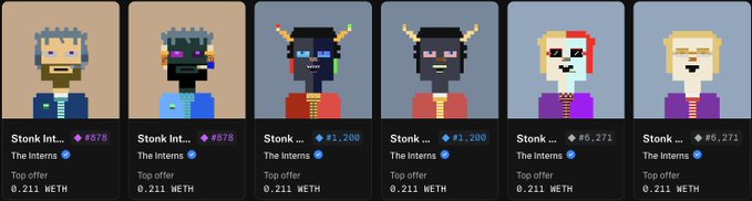A row of six pixel-art NFT profile pictures from the collection 'The Interns' featuring 'Stonk' characters, with top offer prices ranging from 0.211 to 6,271 ETH.