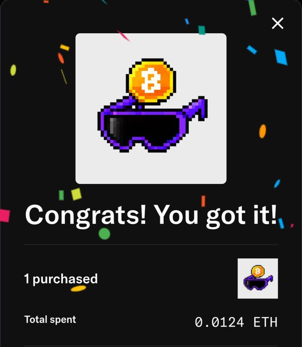 A confirmation screen showing the purchase of a pixelated NFT featuring sunglasses and a Bitcoin coin for 0.0124 ETH, with confetti animation and the text 'Congrats! You got it!'