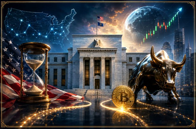 A stylized financial scene features the Federal Reserve building with a US flag, a charging bronze bull, a Bitcoin coin, an hourglass, and candlestick charts displaying an upward trend. The imagery visually reinforces the post's focus on upcoming US PCE data and the Jackson Hole symposium, where dovish or hawkish Fed signals could drive capital flows into assets like Bitcoin and tech.