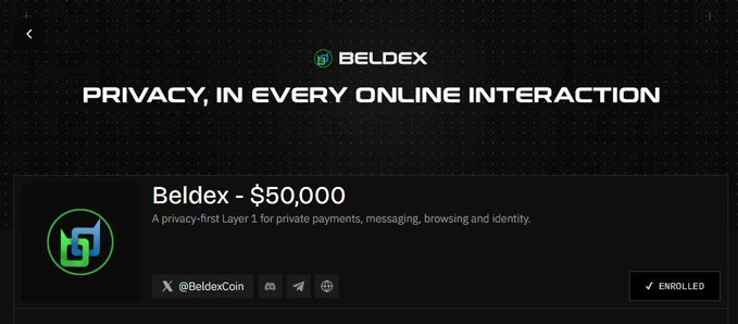A dark-themed promotional screen for 'Beldex - $50,000' advertising it as a privacy-first Layer 1 for private payments, messaging, browsing and identity, with an 'ENROLLED' status indicator.