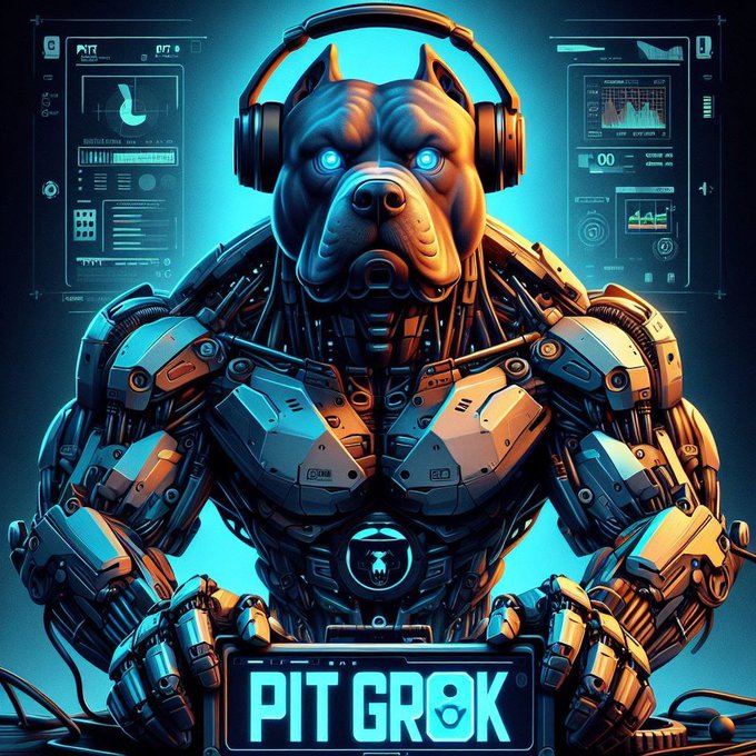 A digital illustration features a robotic pit bull wearing headphones, with text on a screen below reading 'PIT GROK'.