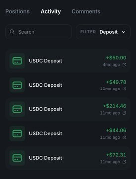 A mobile app interface showing a list of USDC Deposit activities with various amounts ranging from $44.06 to $214.46 in green text.