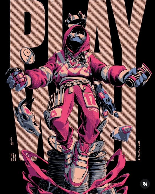A stylized cyberpunk illustration shows a hooded figure in a vivid pink outfit standing on stacked tires, surrounded by floating helmet-like objects and large patterned letters reading “PLAY.”