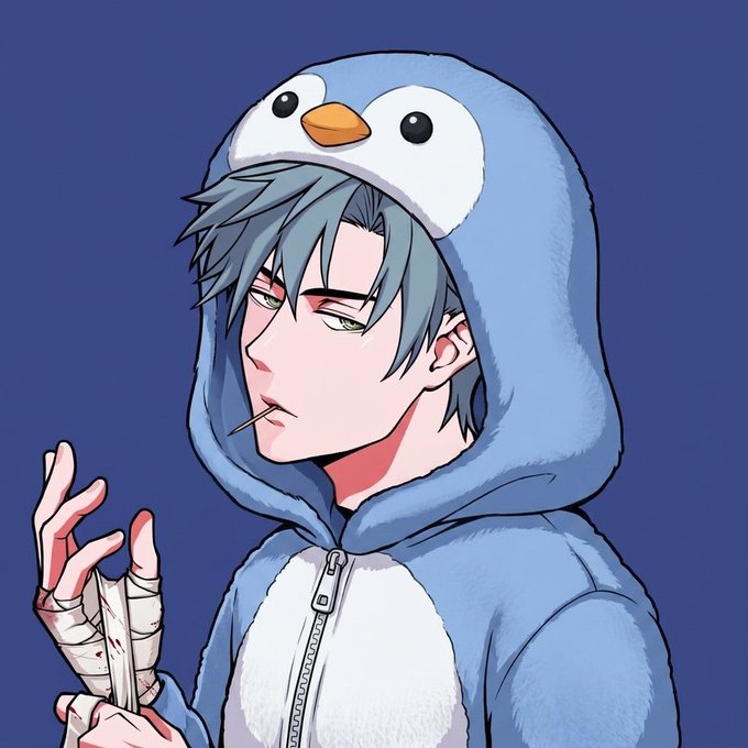 Anime-style illustration of a blue-haired character wearing a blue penguin hoodie with bloodied, bandaged hands.