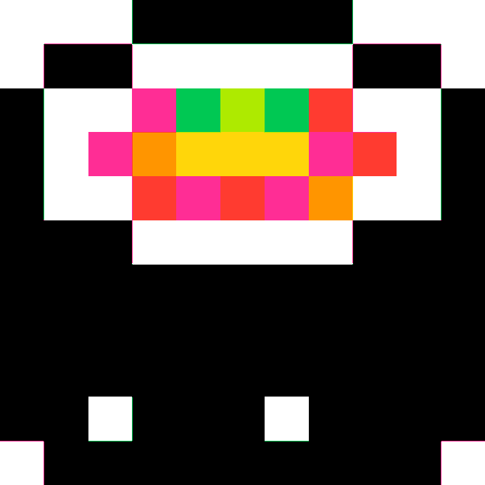 A pixel art character design featuring a black and white figure with a colorful checkered pattern of pink, green, yellow, orange, and red squares across its face/chest area.