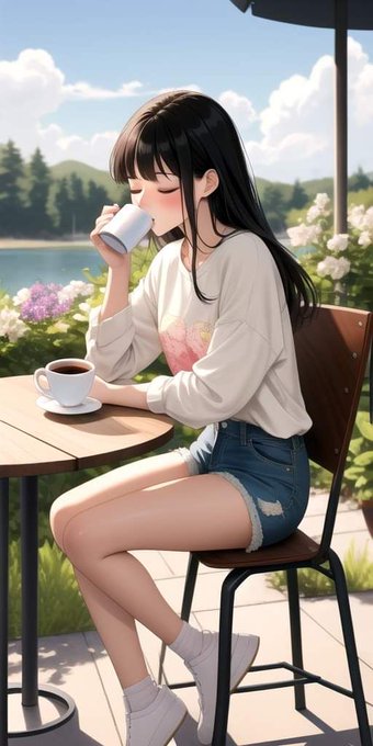 An anime-style illustration depicts a young woman with long black hair sipping from a white cup at an outdoor cafe table, surrounded by flowers with a scenic lake and mountains in the background.