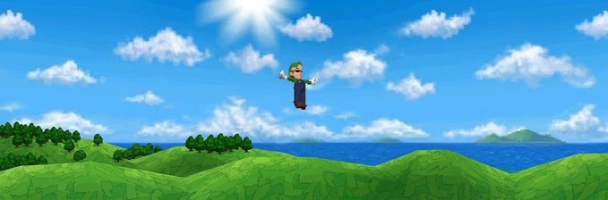 A pixelated Luigi character floats in a bright blue sky above green rolling hills and an ocean, with a glowing sun overhead.