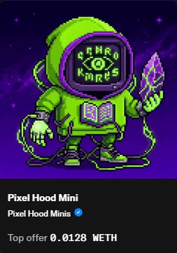 A green pixel-art astronaut NFT titled "Pixel Hood Mini" is displayed, featuring "ASTRO CYRMAS" text on its helmet and holding a crystal, with a top offer of 0.0128 WETH listed, reflecting the collectible's rarity and trading value within the newly minted Pixelord collection of 1,333 unique characters.