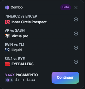 A crypto betting 'Combo' menu displays four selections: INNERC2 vs ENCEP (Inner Circle Prospect), VP vs SASHI (Virtus.pro), 1WIN vs TL1 (Liquid), and SIN2 vs EYE (EYEBALLERS), with a total potential payout of 8.44x.