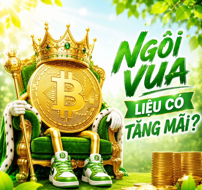 A promotional graphic featuring an anthropomorphized Bitcoin coin wearing a golden crown and green sneakers sitting on a throne, with Vietnamese text 'NGÔI VUA LIỆU CÓ TĂNG MÃI?' (Will the throne keep rising forever?).
