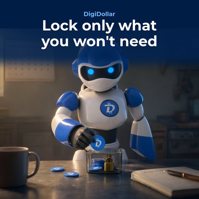 A DigiDollar promotional graphic featuring a blue and white robot holding a coin next to a transparent box containing coins and a padlock, with the tagline 'Lock only what you won't need.'