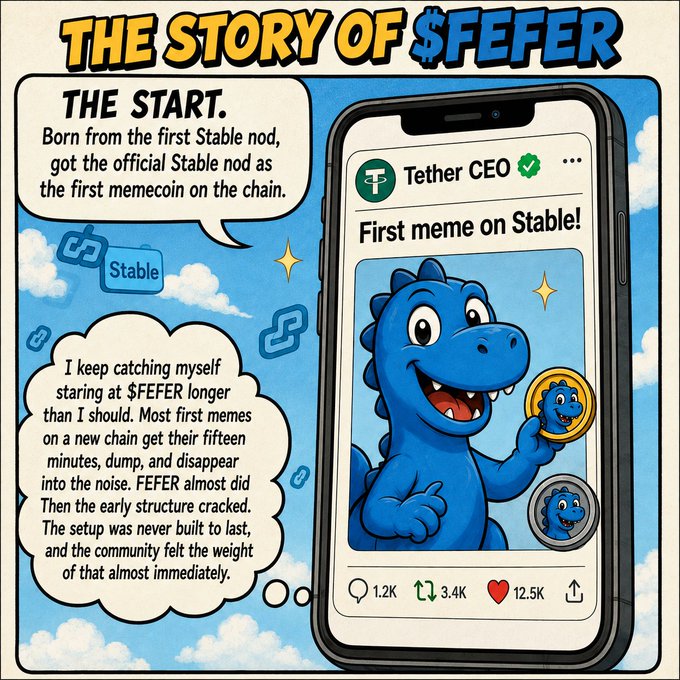 A comic-style graphic titled "THE STORY OF $FEFER" features a smiling blue dinosaur holding a $FEFER coin on a smartphone screen displaying a Tether CEO post reading "First meme on Stable!" with 1.2K comments, 3.4K reposts, and 12.5K likes, alongside speech bubbles explaining that $FEFER was the first memecoin on the Stable chain and noting the community's lingering attention to it.