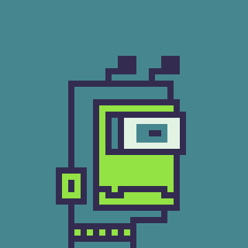 A pixel art illustration of a green and white robot or mechanical figure on a dark teal background.