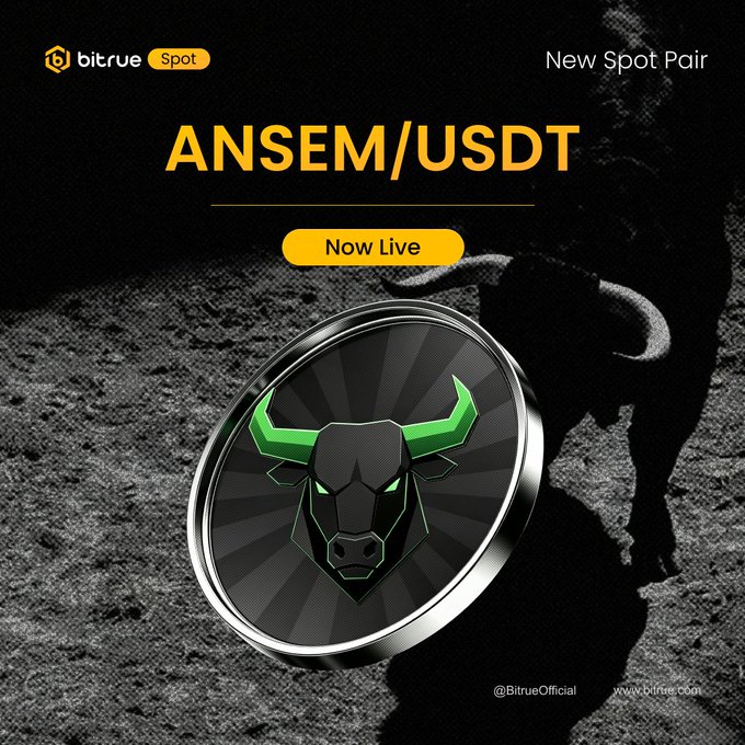 A promotional graphic from Bitrue announcing the new spot trading pair ANSEM/USDT, featuring a stylized 3D silver coin with a black bull head and green horns, set against a dark background with a bull silhouette and the text "New Spot Pair," "ANSEM/USDT," and "Now Live."