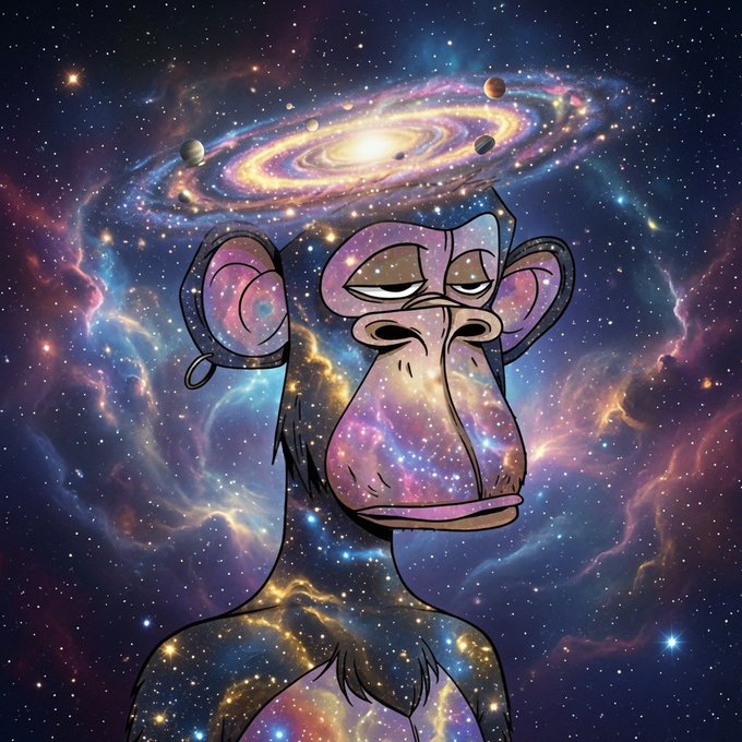 A stylized illustration of a monkey whose face and body are filled with a cosmic galaxy pattern, with a glowing spiral galaxy featuring planets floating above its head, set against a vibrant nebula background — visually embodying the "Monke Art" theme by blending primate imagery with psychedelic, space-inspired artistic design.