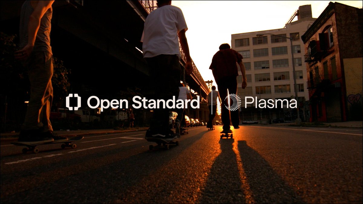 The image shows skateboarders silhouetted against a sunset-lit urban street, with the text "Open Standard" and "Plasma" displayed in white across the center, visually representing the partnership between the open USD stablecoin initiative and the Plasma blockchain network for stablecoin payments.
