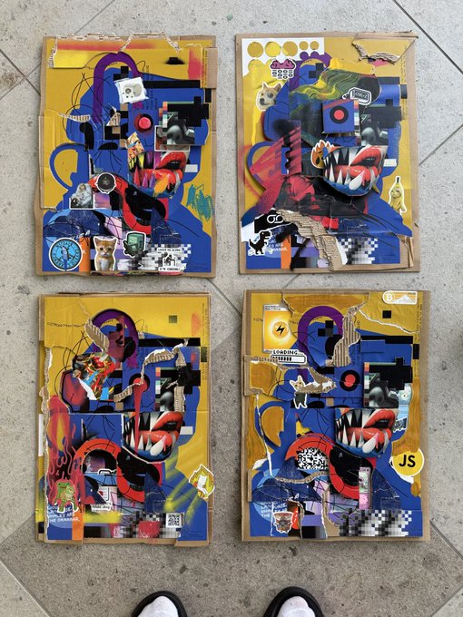 Four colorful mixed-media collage artworks displayed on cardboard, featuring bold graphic elements like teeth, abstract figures, and patterns in blue, yellow, red, and black.
