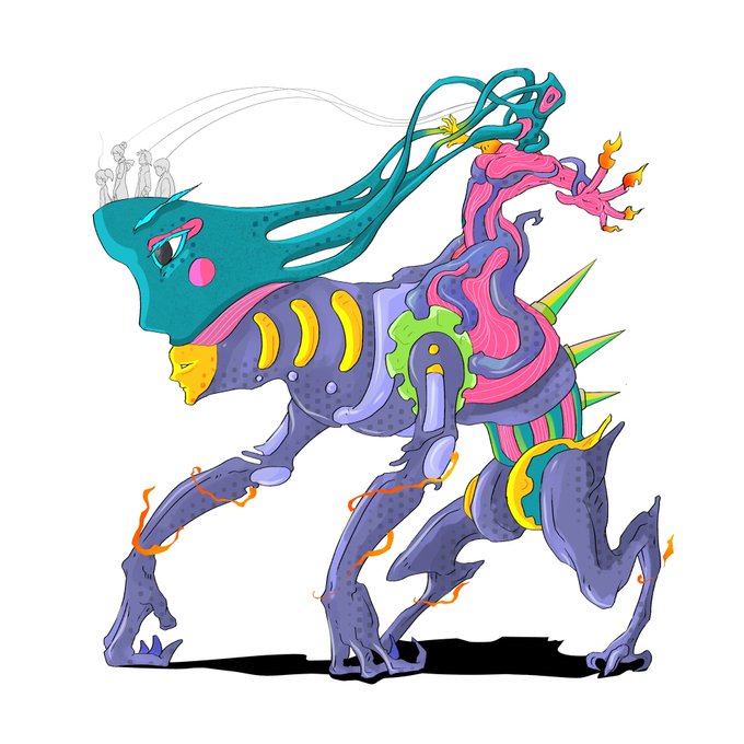 Colorful digital illustration of a fantasy creature with a teal head/hair, purple mechanical body, pink coral-like growths, and multiple legs.