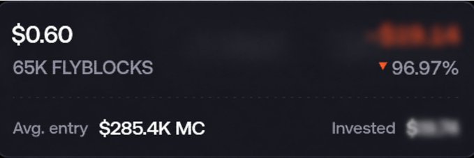 A cryptocurrency portfolio display showing '65K FLYBLOCKS' valued at $0.60 with a red ▼ 96.97% loss indicator, an average entry at $285.4K market cap, with some values blurred out.