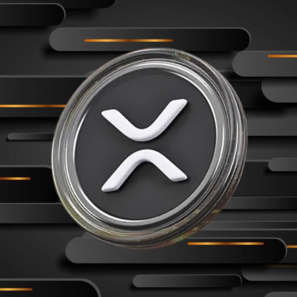 A digital rendering of a cryptocurrency coin featuring the XRP (Ripple) logo, with a metallic silver X symbol on a dark circular background against a dark backdrop with orange accent lines.