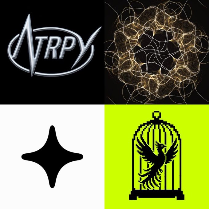 Four-panel collage containing the ATRPY logo, a swirling abstract light design, a black four-pointed star, and a yellow graphic of a bird in a cage.