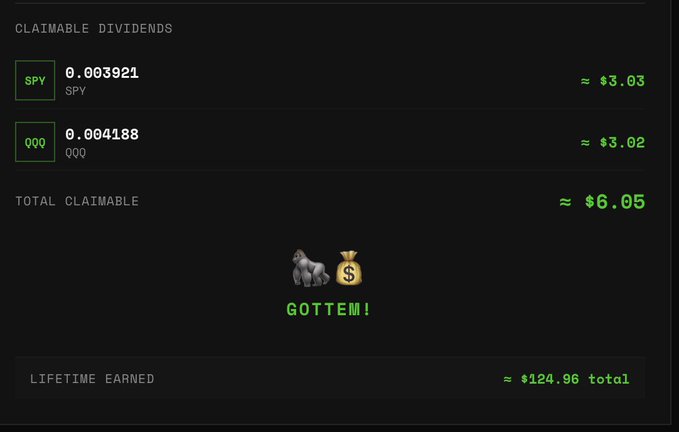 A dark-themed dashboard showing claimable dividends from SPY (0.003921 ≈ $3.03) and QQQ (0.004188 ≈ $3.02), totaling ≈$6.05, with a 'GOTTEM!' message, a bulldog and money bag emoji, and a lifetime earned total of ≈$124.96.