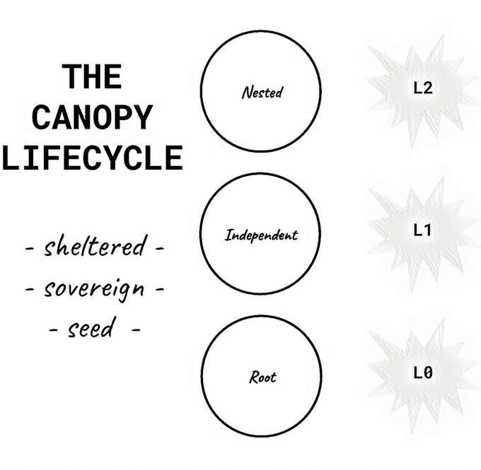 A minimalist diagram titled 'THE CANOPY LIFECYCLE' with three circles labeled 'Nested', 'Independent', and 'Root', alongside star-shaped icons labeled L0, L1, and L2.
