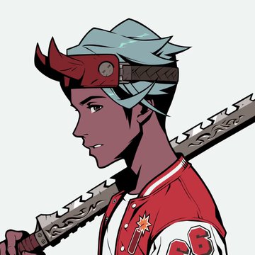 An anime-style character with red demon horns on a headband, teal hair, and wearing a red jersey with "96" visible, holding a katana with intricate engravings. The illustration relates to the post by appearing as artwork featuring a "demon" figure whose "horns" tie into the "paper hands" and bag-holding puns about accumulating collectibles for the Azuki (IKZ) community.