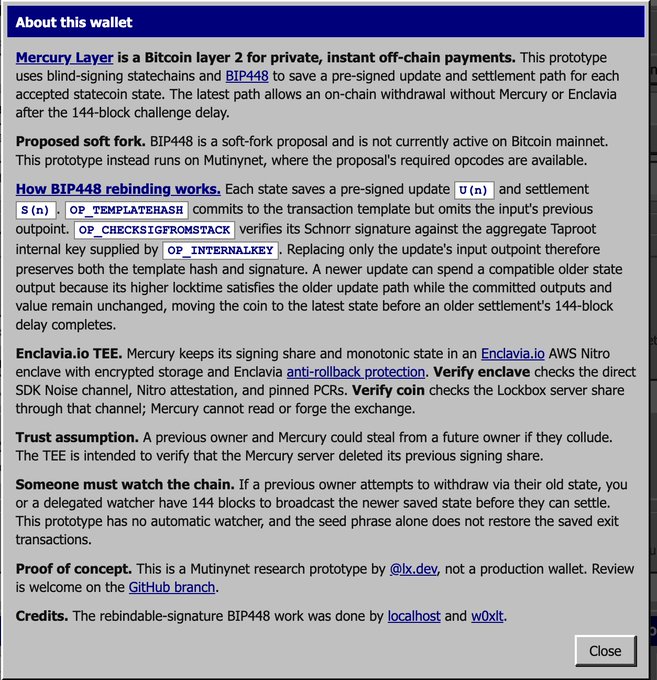 The image shows an "About this wallet" info panel for Mercury Layer, a Bitcoin layer 2 prototype that uses BIP448 blind-signing statechains to enable private, instant off-chain payments, with details on how rebindable signatures, Enclavia.io TEE security, and the 144-block challenge delay work. The accompanying post highlights BIP448 as a softfork proposal that enhances statechains through rebindable signatures, authored by @lxdev_ and w0xlt of @lclhostresearch.