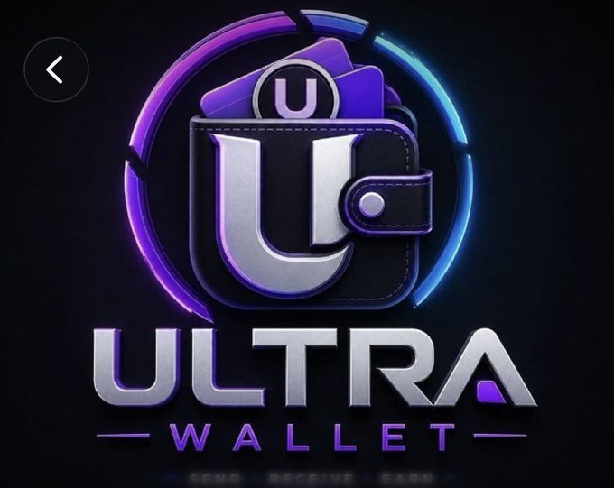 A digital logo for 'ULTRA WALLET' displays a stylized 'U' inside a purple and blue wallet icon, with the tagline 'SEND RECEIVE EARN' below it.