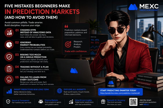 A promotional infographic titled 'FIVE MISTAKES BEGINNERS MAKE IN PREDICTION MARKETS (AND HOW TO AVOID THEM)' by MEXC Prediction Market, featuring an illustrated man in a red jacket and sunglasses at a desk.