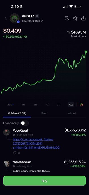 A Robinhood-style crypto app screenshot shows the "$ANSEM" meme coin, ticker "The Black Bull," trading at $0.409 with a market cap of $409.3M and a massive 622.11% gain, including top holder PoorGoat showing ~$1.55M in profits. The image relates to the poster's caption by illustrating the kind of explosive meme coin gain they "sold too early" on, while contrasting that impulsive exit with their stubborn long-term hold of another token, "asteriod."