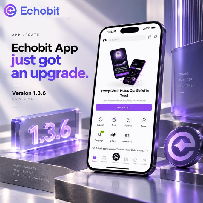 The image is a promotional graphic announcing the Echobit App update to Version 1.3.6, featuring a smartphone displaying the app's interface with options like Deposit, Spot, Futures, Copy, Campaign, U Card, and Announce, alongside the tagline "Every Chain Holds Our Belief In Trust." A 3D "1.3.6" display and the brand's purple color scheme reinforce the upgrade announcement, matching the post's call to update for a better trading experience.