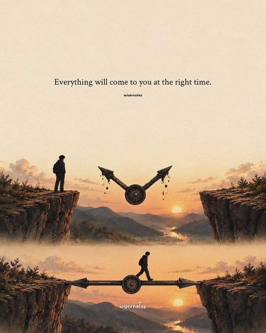 Motivational image showing two versions of a person on cliffs at sunset—one standing still and one walking across an arrow-shaped bridge—with the text 'Everything will come to you at the right time. wisernotes'.