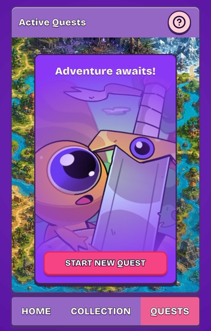 A mobile game screenshot titled 'Active Quests' featuring an 'Adventure awaits!' prompt with a cartoon character and purple creature, offering a pink 'START NEW QUEST' button, with navigation tabs for Home, Collection, and Quests.