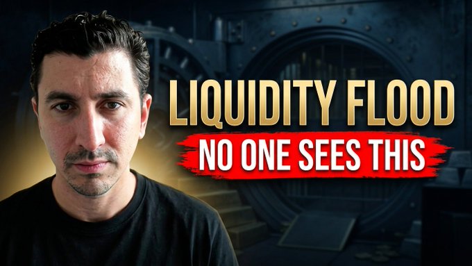 A man stands in front of a vault backdrop with the text "LIQUIDITY FLOOD - NO ONE SEES THIS," symbolizing a financial opportunity or hidden market insight. The post references a successful call on the ticker $SHX, tying the "liquidity flood" theme to a stock breakout the poster claims to have predicted.