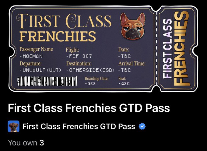 A digital 'First Class Frenchies' boarding pass NFT ticket showing passenger 'HOOMAN', flight FCF 007, departure from UNVAULT to OTHERSIDE, with text noting the user owns 3 of these GTD Passes.