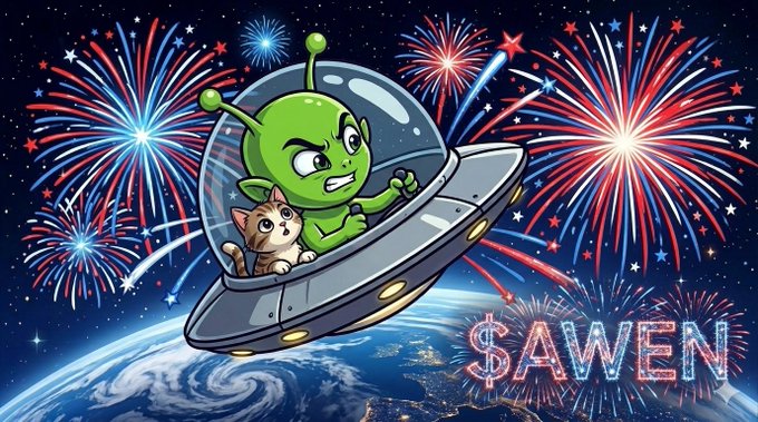 ursa, a green alien with horns and wings, flies through the sky while holding a cat on its back, accompanied by red, white, and blue fireworks against a dark backdrop of stars.
3. The word "Sawen" is written in bold letters at the bottom right corner of the image.