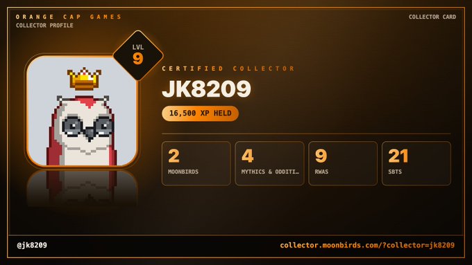An 'Orange Cap Games Collector Profile' for 'JK8209' at Level 9 shows 16,500 XP held, displaying stats like 2 Moonbirds, 4 Mythics & Oddities, 9 RWAs, and 21 SBTs, featuring an owl avatar.