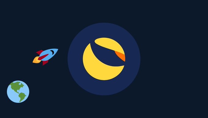 A simple animated graphic on a dark navy background shows a small cartoon rocket flying past Earth toward a yellow crescent moon logo inside a blue circle.