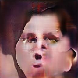 A distorted, surreal close-up image of a face with exaggerated features and strange coloring effects, appearing intentionally glitched or warped.