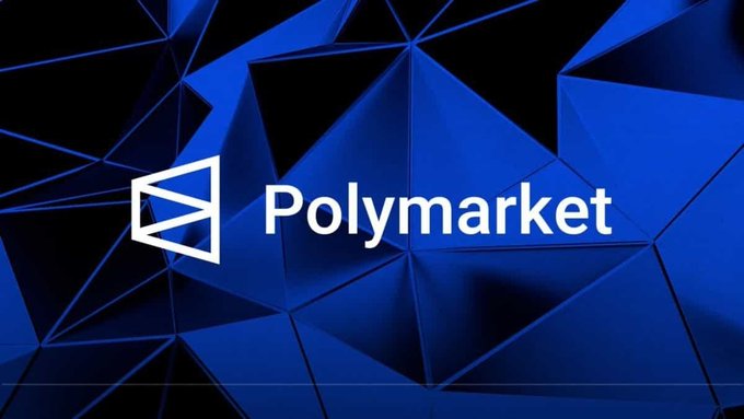 The image features a logo for Polymarket, which is an Indonesian company that specializes in selling products online. The logo consists of a blue triangle with white text that reads "Polymarket" written in black letters. The background of the logo is a dark blue color, and it is surrounded by small triangles arranged in a pattern to create a visually appealing design.